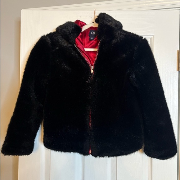 GAP Black Faux Fur Kids Jacket with Red Lining - Picture 1 of 5